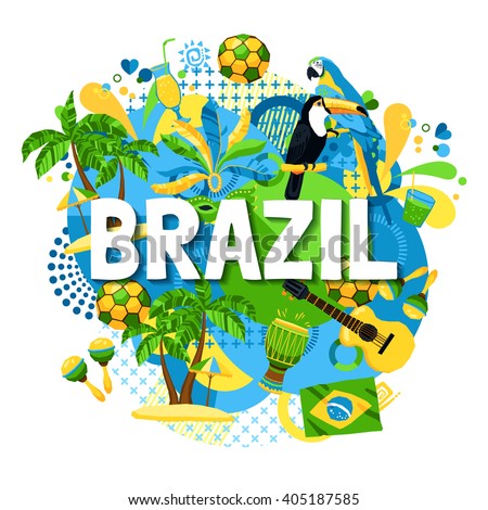 Colorful poster with native symbols of brazil mixed together on the white background vector illustration - stock vector Colorful poster with native symbols of brazil mixed together on the white background vector illustration - stock vector