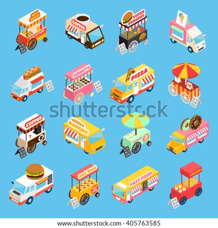Street food trucks and carts selling hot dogs and wok dishes isometric icons set abstract isolated vector illustration - stock vector Street food trucks and carts selling hot dogs and wok dishes isometric icons set abstract isolated vector illustration - stock vector