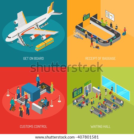 Airport 2x2 images presenting get on board receipt of baggage customs control and waiting hall isometric vector illustration - stock vector Airport 2x2 images presenting get on board receipt of baggage customs control and waiting hall isometric vector illustration - stock vector
