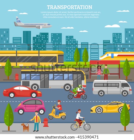 Transport in city poster with people and movement of airplane train tram bus individual vehicles vector illustration - stock vector Transport in city poster with people and movement of airplane train tram bus individual vehicles vector illustration - stock vector