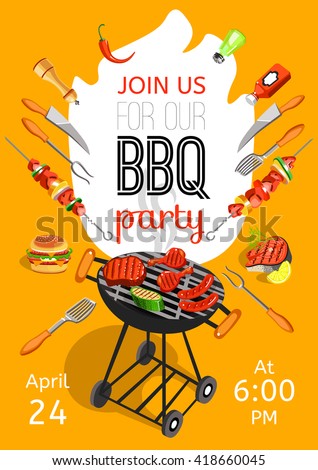 BBQ season opening party announcement flat poster with barbecue accessories event date and time abstract vector illustration - stock vector BBQ season opening party announcement flat poster with barbecue accessories event date and time abstract vector illustration - stock vector
