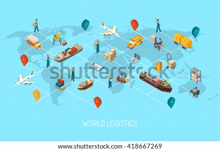 International logistic company worldwide operations with cargo distribution shipment and transportations map isometric poster abstract vector illustration - stock vector International logistic company worldwide operations with cargo distribution shipment and transportations map isometric poster abstract vector illustration - stock vector