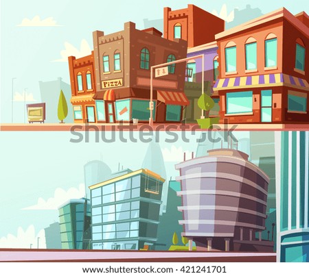 Modern and historical city districts street view day skyline 2 horizontal banners set cartoon isolated vector illustration - stock vector Modern and historical city districts street view day skyline 2 horizontal banners set cartoon isolated vector illustration - stock vector