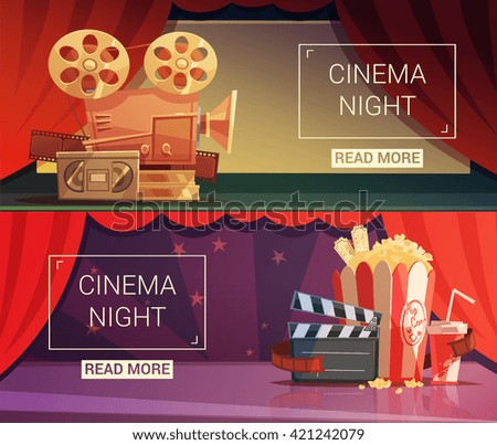 Cinema cartoon horizontal banners set with cinema night symbols isolated vector illustration - stock vector Cinema cartoon horizontal banners set with cinema night symbols isolated vector illustration - stock vector