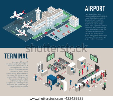 Airport isometric horizontal banners with parking hotel waiting hall front desk police detectors passengers isolated vector illustration - stock vector Airport isometric horizontal banners with parking hotel waiting hall front desk police detectors passengers isolated vector illustration - stock vector