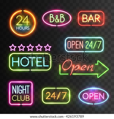 Neon open sign icon set with flash light for hotels shops casino for example vector illustration - stock vector Neon open sign icon set with flash light for hotels shops casino for example vector illustration - stock vector
