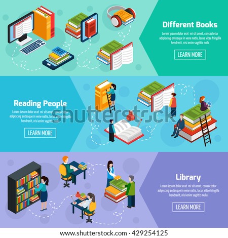 Library isometric horizontal banners with different books and reading people in fantasy style vector illustration - stock vector Library isometric horizontal banners with different books and reading people in fantasy style vector illustration - stock vector