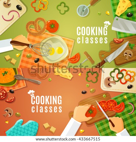 Cooking classes top view with kitchenware and products on kitchen table and chefs hands chopping vegetables on wooden board vector illustration - stock vector Cooking classes top view with kitchenware and products on kitchen table and chefs hands chopping vegetables on wooden board vector illustration - stock vector