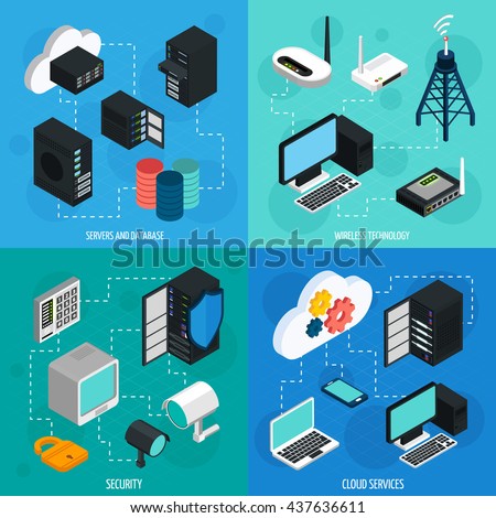 Data center 2x2 isometric icons set with database cloud services security and wireless technology isolated isometric vector illustration - stock vector Data center 2x2 isometric icons set with database cloud services security and wireless technology isolated isometric vector illustration - stock vector
