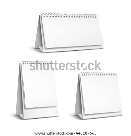 Three vertical and horizontal realistic standing blank spiral table calendars of different size on white background isolated vector illustration Three vertical and horizontal realistic standing blank spiral table calendars of different size on white background isolated vector illustration