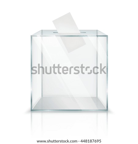 Realistic empty transparent ballot box with voting paper in hole on white background isolated vector illustration - stock vector Realistic empty transparent ballot box with voting paper in hole on white background isolated vector illustration - stock vector
