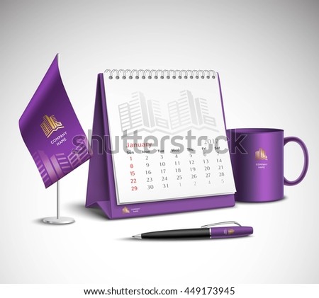 Calendar pen flag and cup corporate identity mockup set of purple color for your design on light background realistic vector illustration Calendar pen flag and cup corporate identity mockup set of purple color for your design on light background realistic vector illustration