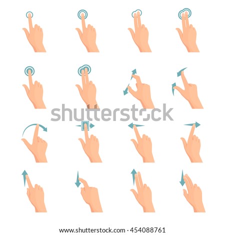 Touch screen hand gestures flat colored icon series with arrows showing direction of movement of fingers isolated vector illustration - stock vector Touch screen hand gestures flat colored icon series with arrows showing direction of movement of fingers isolated vector illustration - stock vector