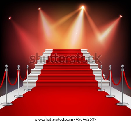 White stairs covered with red carpet and illuminated by spotlight realistic vector illustration - stock vector White stairs covered with red carpet and illuminated by spotlight realistic vector illustration - stock vector