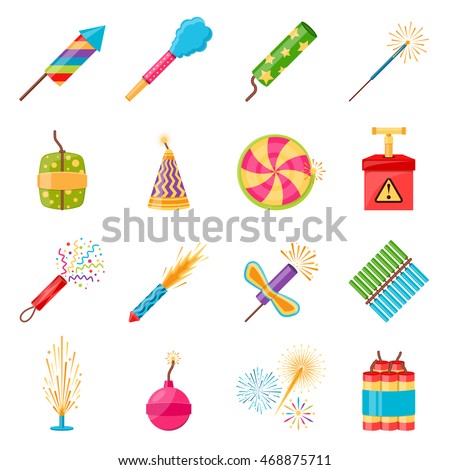 Pyrotechnics festival flat icons set with colorful firework crackers of different shape isolated on white background vector illustration Pyrotechnics festival flat icons set with colorful firework crackers of different shape isolated on white background vector illustration