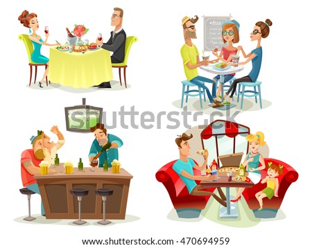 Restaurant cafe bar 4 colorful pictures square with football fans family diner and dating couple abstract vector illustration Restaurant cafe bar 4 colorful pictures square with football fans family diner and dating couple abstract vector illustration