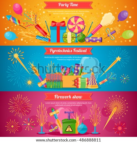 Horizontal flat pyrotechnics festival isolated banners with colorful crackers and balloons for firework show vector illustration Horizontal flat pyrotechnics festival isolated banners with colorful crackers and balloons for firework show vector illustration