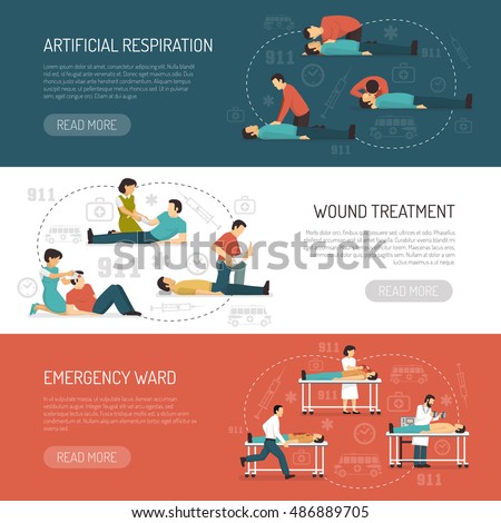 First aid 3 flat horizontal banners design with breathing respiratory assistance and emergency ward isolated vector illustration First aid 3 flat horizontal banners design with breathing respiratory assistance and emergency ward isolated vector illustration