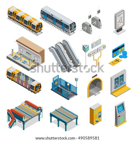 Underground isometric set with train and station symbols isolated vector illustration Underground isometric set with train and station symbols isolated vector illustration