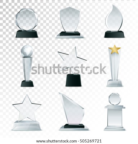 Modern glass cup trophies and challenge prizes side view realistic icons collection against transparent background isolated vector illustration Modern glass cup trophies and challenge prizes side view realistic icons collection against transparent background isolated vector illustration