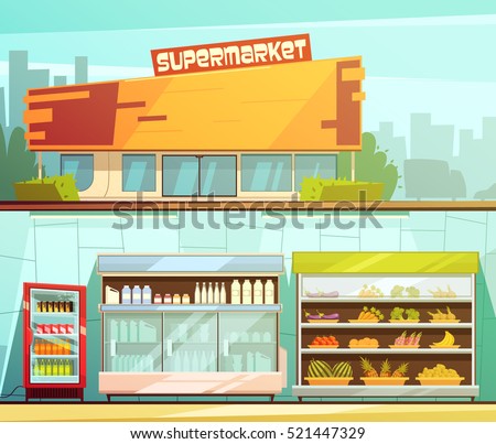 Supermarket building entrance street view and groceries dairy shelves indoor 2 retro cartoon banners set isolated vector illustration Supermarket building entrance street view and groceries dairy shelves indoor 2 retro cartoon banners set isolated vector illustration