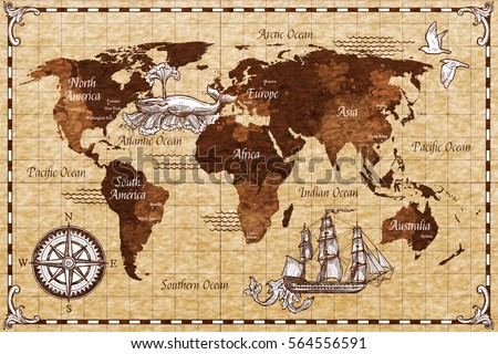 Hand drawn sketch retro world map with lettering doodle vector illustration Hand drawn sketch retro world map with lettering doodle vector illustration