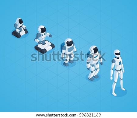 Evolution of robots isometric design with stages of androids development on textured blue background vector illustration Evolution of robots isometric design with stages of androids development on textured blue background vector illustration