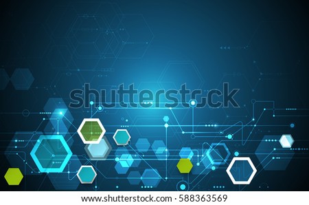 Vector illustration science innovation concept. Circuit board and hexagons or polygon background. Hi tech digital technology. Abstract futuristic, hexagon shape on dark blue color background Vector illustration science innovation concept. Circuit board and hexagons or polygon background. Hi tech digital technology. Abstract futuristic, hexagon shape on dark blue color background