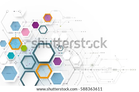 Vector illustration science innovation concept. Circuit board and hexagons or polygon background. Hi tech digital technology. Abstract futuristic, hexagon shape on light gray color background Vector illustration science innovation concept. Circuit board and hexagons or polygon background. Hi tech digital technology. Abstract futuristic, hexagon shape on light gray color background