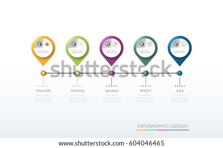 Vector infographics timeline design template with label and icons, 5 options or steps. Can be used for content, business, process infographics, diagram chart, flowchart, process diagram, time line Vector infographics timeline design template with label and icons, 5 options or steps. Can be used for content, business, process infographics, diagram chart, flowchart, process diagram, time line