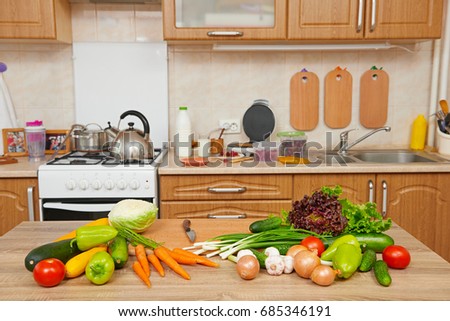 kitchen set with fruits and vegetables