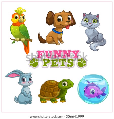Funny cartoon pets collection, vector isolated zoo icons - stock vector