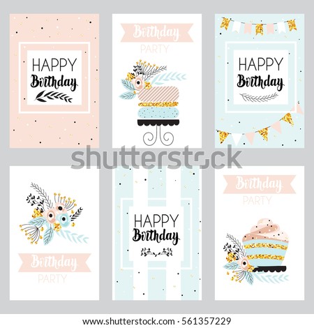 Happy birthday and invitation card with golden sparkle dots, cake and flowers . Greeting cards in vintage style, pastel colors. Vector illustration. Happy birthday and invitation card with golden sparkle dots, cake and flowers . Greeting cards in vintage style, pastel colors. Vector illustration.