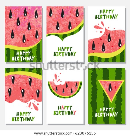 Set of 6 cute creative cards templates with watermelon. Vector illustration. Hand Drawn card for birthday. Set of 6 cute creative cards templates with watermelon. Vector illustration. Hand Drawn card for birthday.