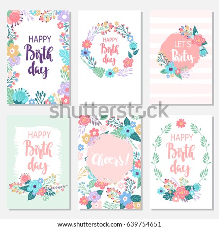 Vintage birthday cards design set with abstract flowers and hand-written text. Collection of beautiful greeting cards in Doodle style. Vintage birthday cards design set with abstract flowers and hand-written text. Collection of beautiful greeting cards in Doodle style.