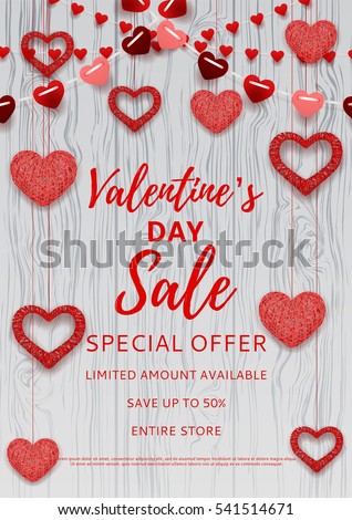 Valentine's Day sale poster. Romantic composition with garlands from paper. Beautiful backdrop with heart from threads on wooden texture. Vector illustration. Valentine's Day sale poster. Romantic composition with garlands from paper. Beautiful backdrop with heart from threads on wooden texture. Vector illustration.