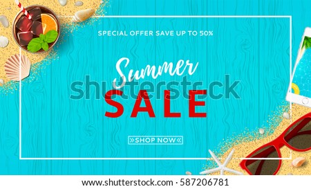 Summer sale beautiful web banner. Top view on seashells, sun glasses, fresh cocktail, smartphone and sea sand on wooden texture. Vector illustration with spesial discount offer. Summer sale beautiful web banner. Top view on seashells, sun glasses, fresh cocktail, smartphone and sea sand on wooden texture. Vector illustration with spesial discount offer.