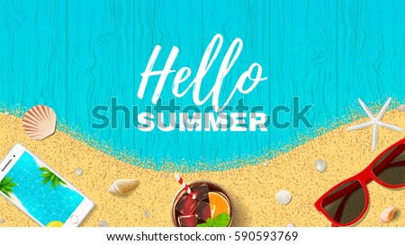 Summer holiday web banner. Top view on fresh cocktail, seashells, sun glasses, smartphone and sea sand on wooden texture. Vector illustration. Summer holiday web banner. Top view on fresh cocktail, seashells, sun glasses, smartphone and sea sand on wooden texture. Vector illustration.