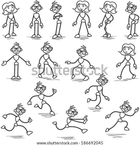 Set pictures poses Stickman running step figures:  of vector stick by standing, yoga step and  walking