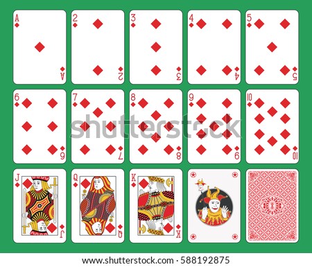 Playing cards diamonds suit on green background. Original figures, joker and back. Playing cards diamonds suit on green background. Original figures, joker and back.