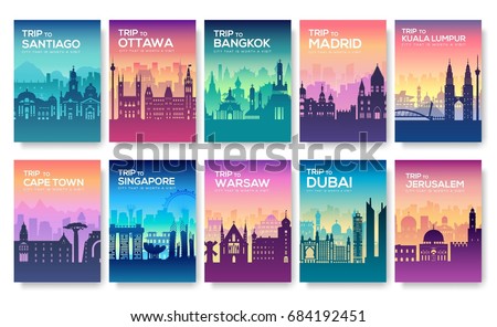 Travel information cards. Landscape template of flyear, magazines, posters, book cover, banners. Country of Chile, Canada, Thailand, Spain, Malaysia, Africa, Asia, Poland, UAE and Jerusalem set Travel information cards. Landscape template of flyear, magazines, posters, book cover, banners. Country of Chile, Canada, Thailand, Spain, Malaysia, Africa, Asia, Poland, UAE and Jerusalem set