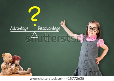 disadvantage advantage balance compare wearing showing dress business cute little girl shutterstock chalk bar green board
