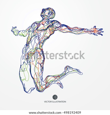Jumping man, colored lines drawing, vector illustration.