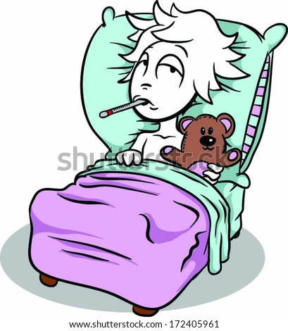 Sick cartoon character in bed - stock vector