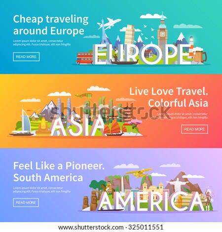 Beautiful set of flat vector banners on the theme Asia, Europe, America, summer travel, adventure, vacation. Modern flat design. - stock vector