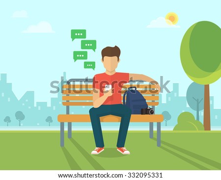 Young man sitting in the street and sending a message via chat to someone using his smartphone. Vector illustration of the mobile chat with friends - stock vector Young man sitting in the street and sending a message via chat to someone using his smartphone. Vector illustration of the mobile chat with friends - stock vector