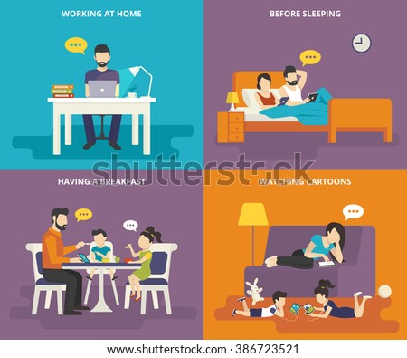 Family with children concept flat icons set of man working at home with laptop, reading news before sleeping, having a breakfast , watching cartoons on tablet pc. Illustration of people with gadgets - stock vector Family with children concept flat icons set of man working at home with laptop, reading news before sleeping, having a breakfast , watching cartoons on tablet pc. Illustration of people with gadgets - stock vector