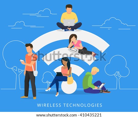 Young man sitting on the wi-fi white sign and using laptop, women reading news on tablet pc, guy holds smartphone and teenager sitting with laptop. Flat illustration of social networking with gadgets - stock vector Young man sitting on the wi-fi white sign and using laptop, women reading news on tablet pc, guy holds smartphone and teenager sitting with laptop. Flat illustration of social networking with gadgets - stock vector