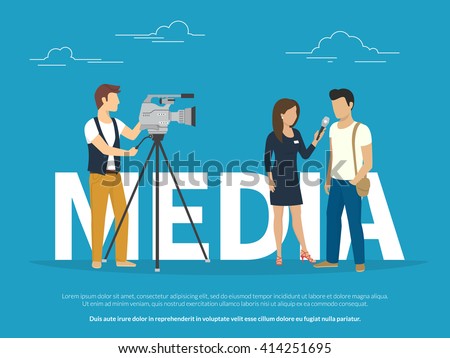 Mass media announcement concept illustration of live news tv broadcasting with reporter. Flat vector illustration of big letters media and female reporter taking the interview with guy standing near - stock vector Mass media announcement concept illustration of live news tv broadcasting with reporter. Flat vector illustration of big letters media and female reporter taking the interview with guy standing near - stock vector