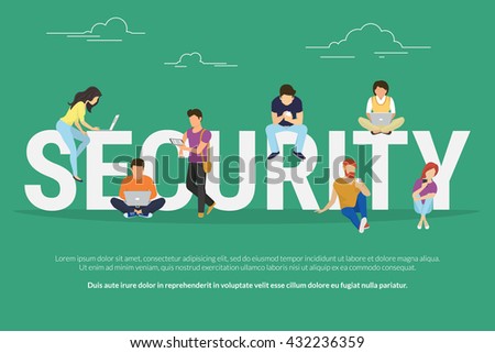 Security concept illustration of young various people using mobile gadgets such as tablet pc and smartphone via confidential and safe internet tenologies. Flat design of people near letters security - stock vector Security concept illustration of young various people using mobile gadgets such as tablet pc and smartphone via confidential and safe internet tenologies. Flat design of people near letters security - stock vector